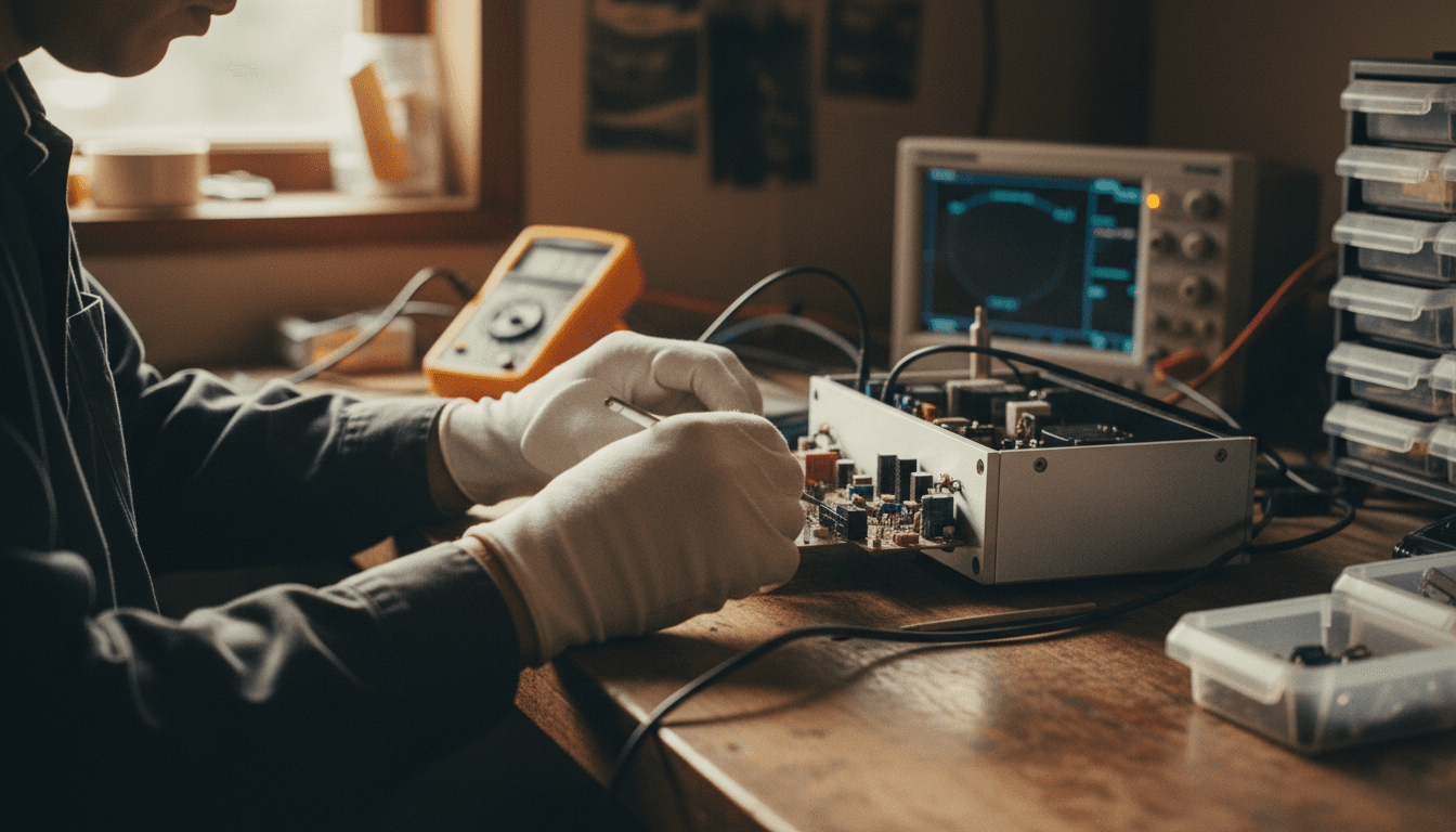 Technician performing precision calibration on A4 amplifier