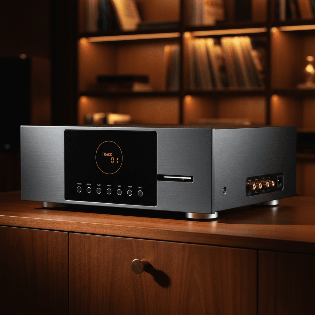 Premium CD player displayed on wooden surface with warm lighting