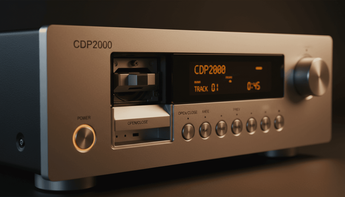 CDP2000 front panel with slot-loading mechanism under studio lighting