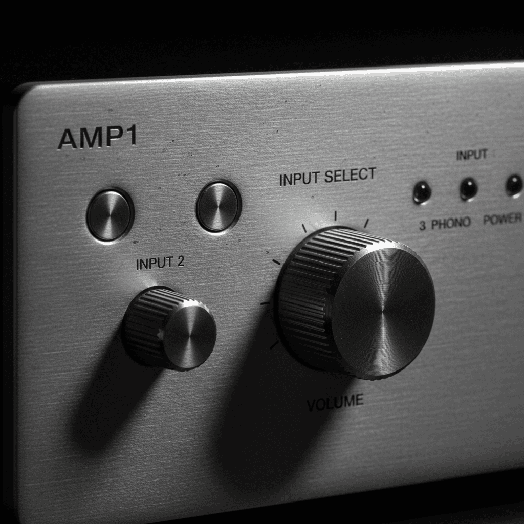Detailed close-up of AMP1 front panel controls and indicator display