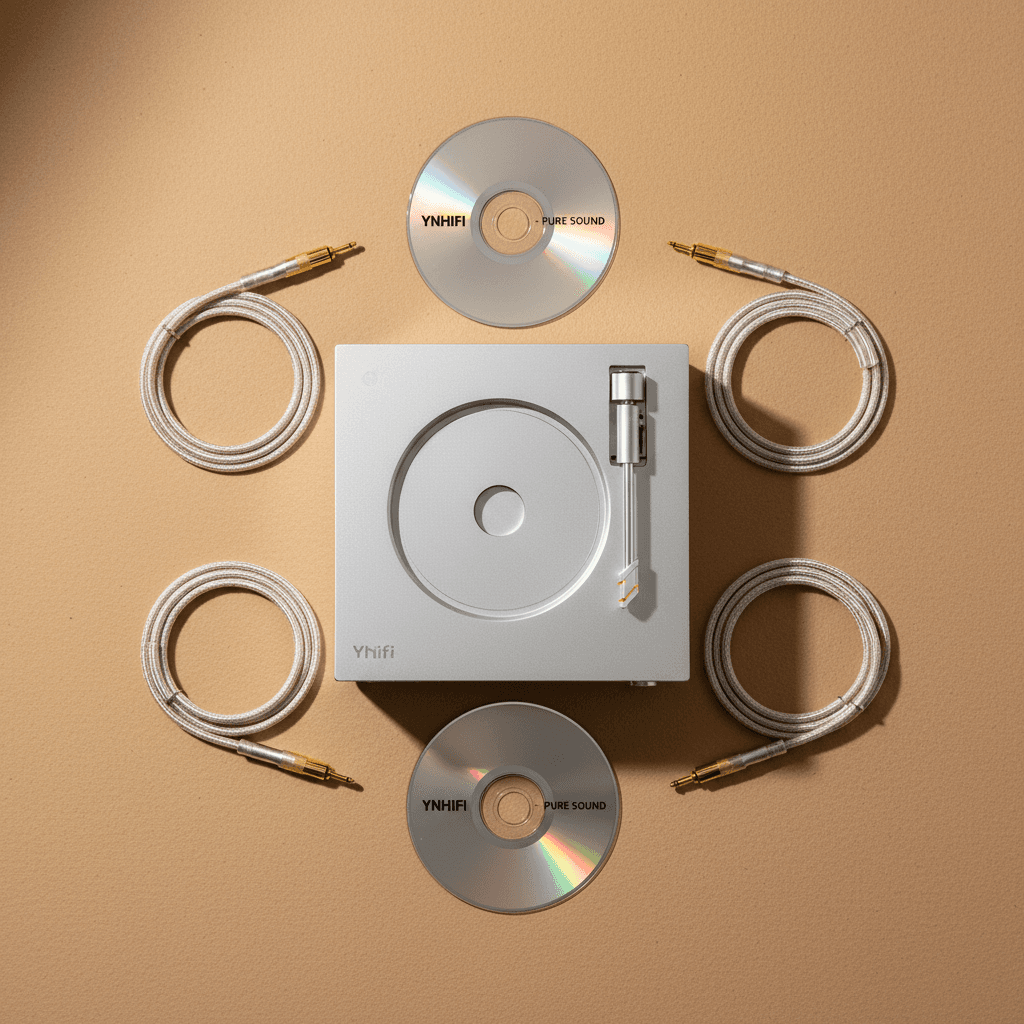 Overhead flat-lay of CD player with cables and disc in minimalist composition