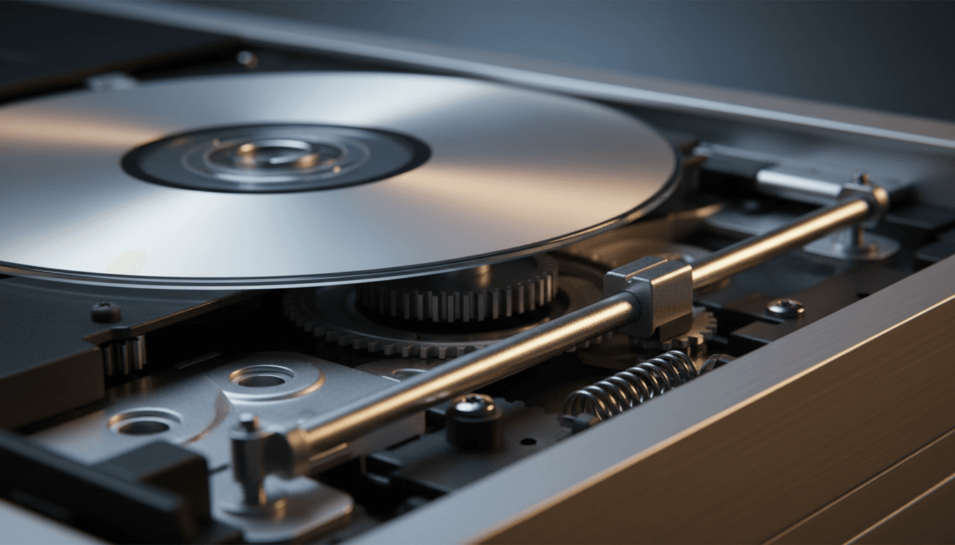 Close-up of CD player's disc tray mechanism showing precision engineering
