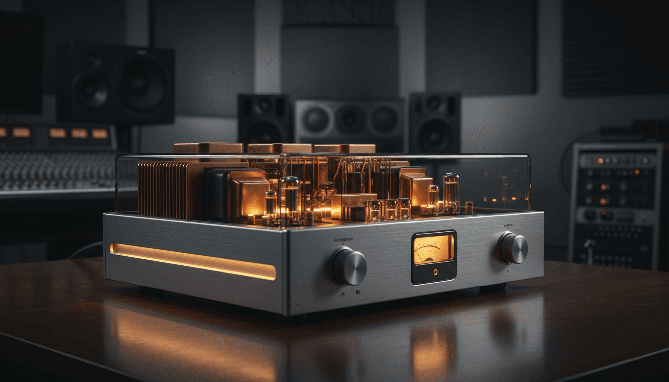 Premium high-end audio amplifier with dramatic lighting in professional studio setting
