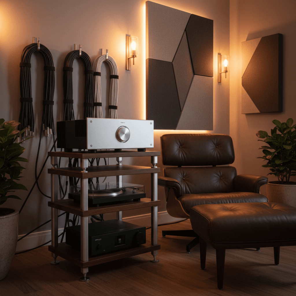 AMP1 installed in a modern home theater audio rack setup