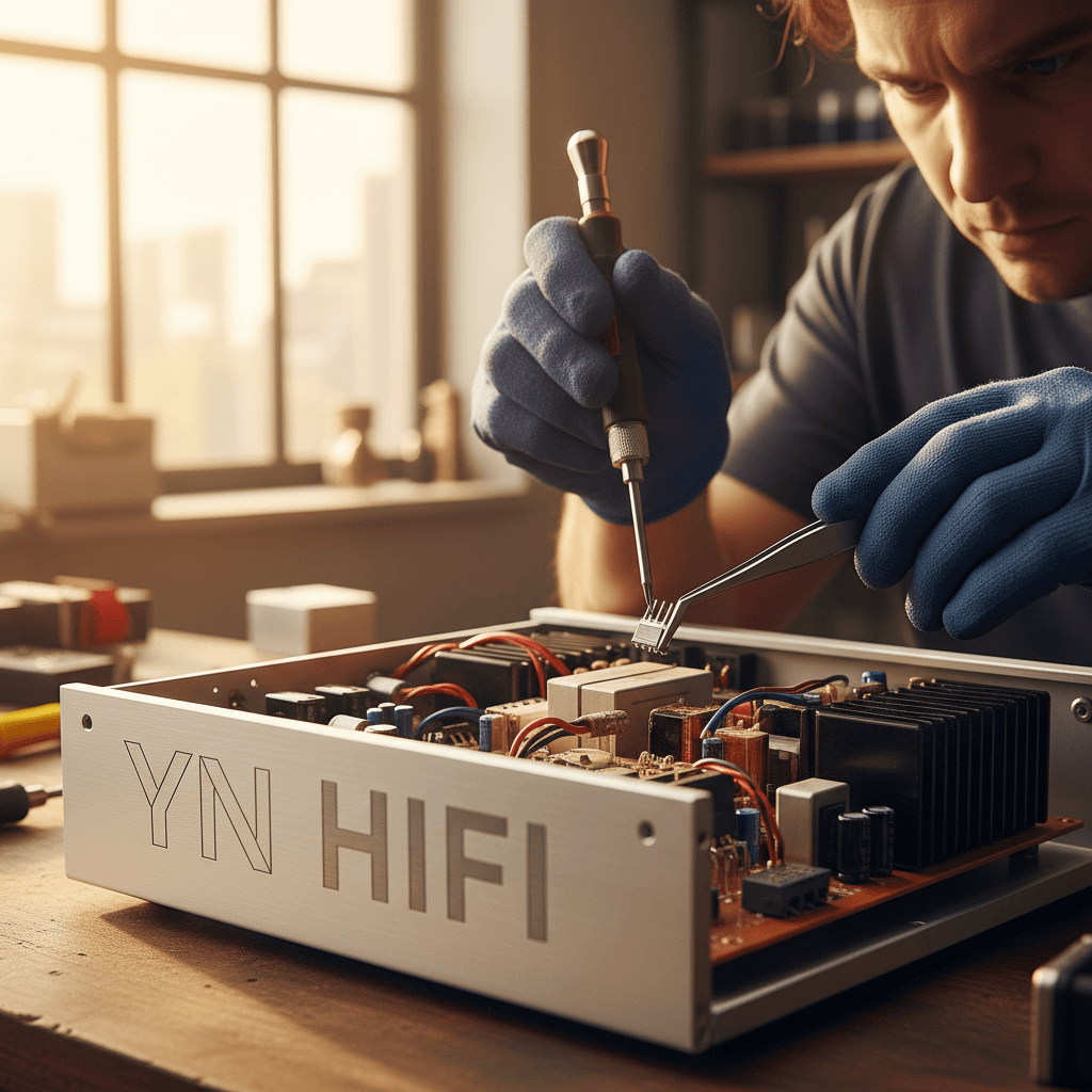 Skilled technician assembling amplifier component