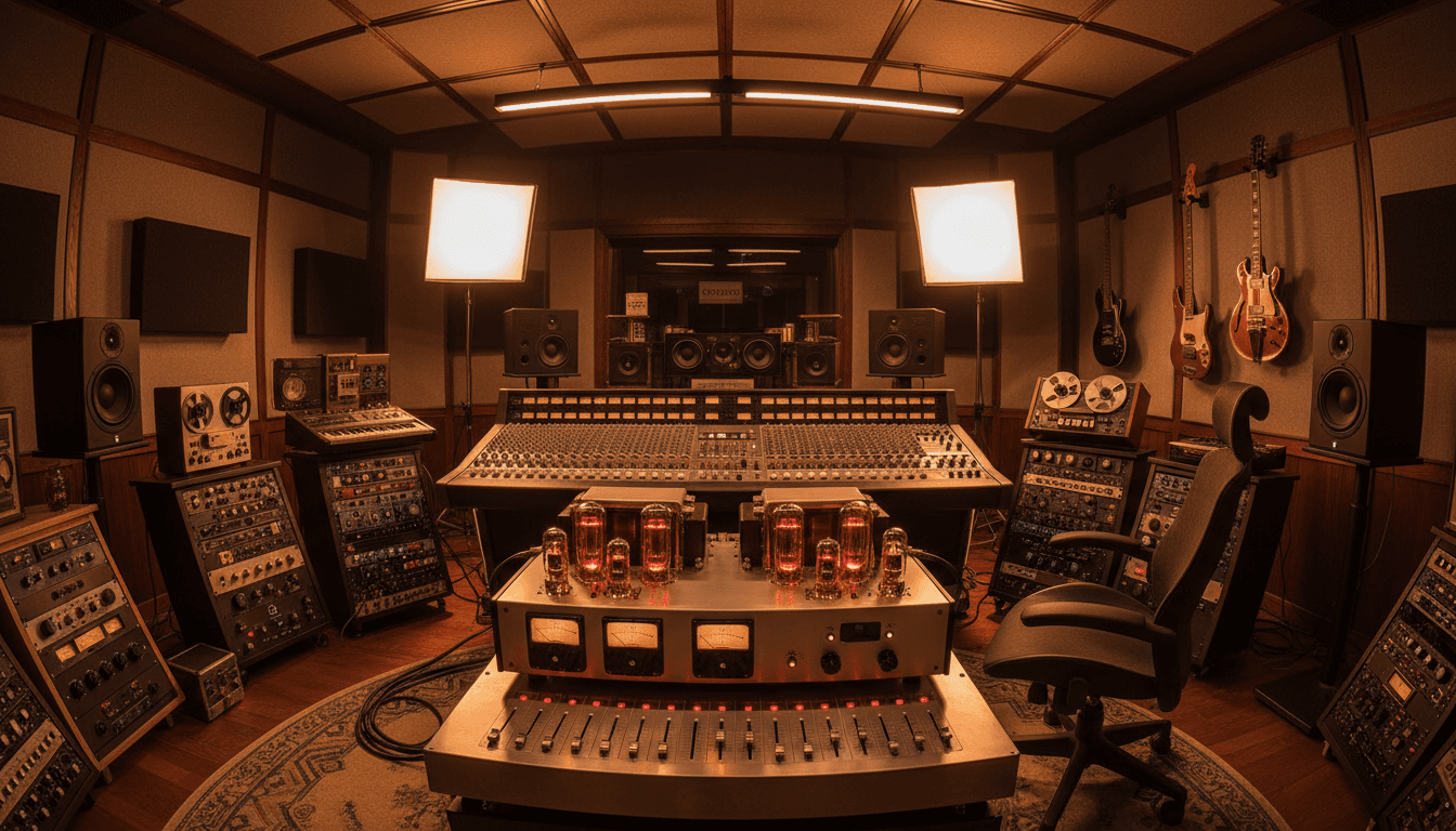 Professional audio studio with high-end tube equipment and warm studio lighting
