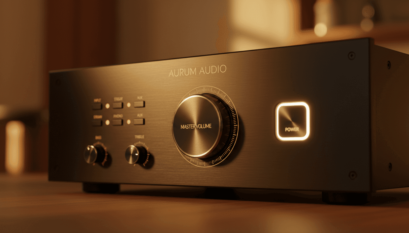 Close-up of YNhifi AMP1 amplifier controls with warm dramatic lighting