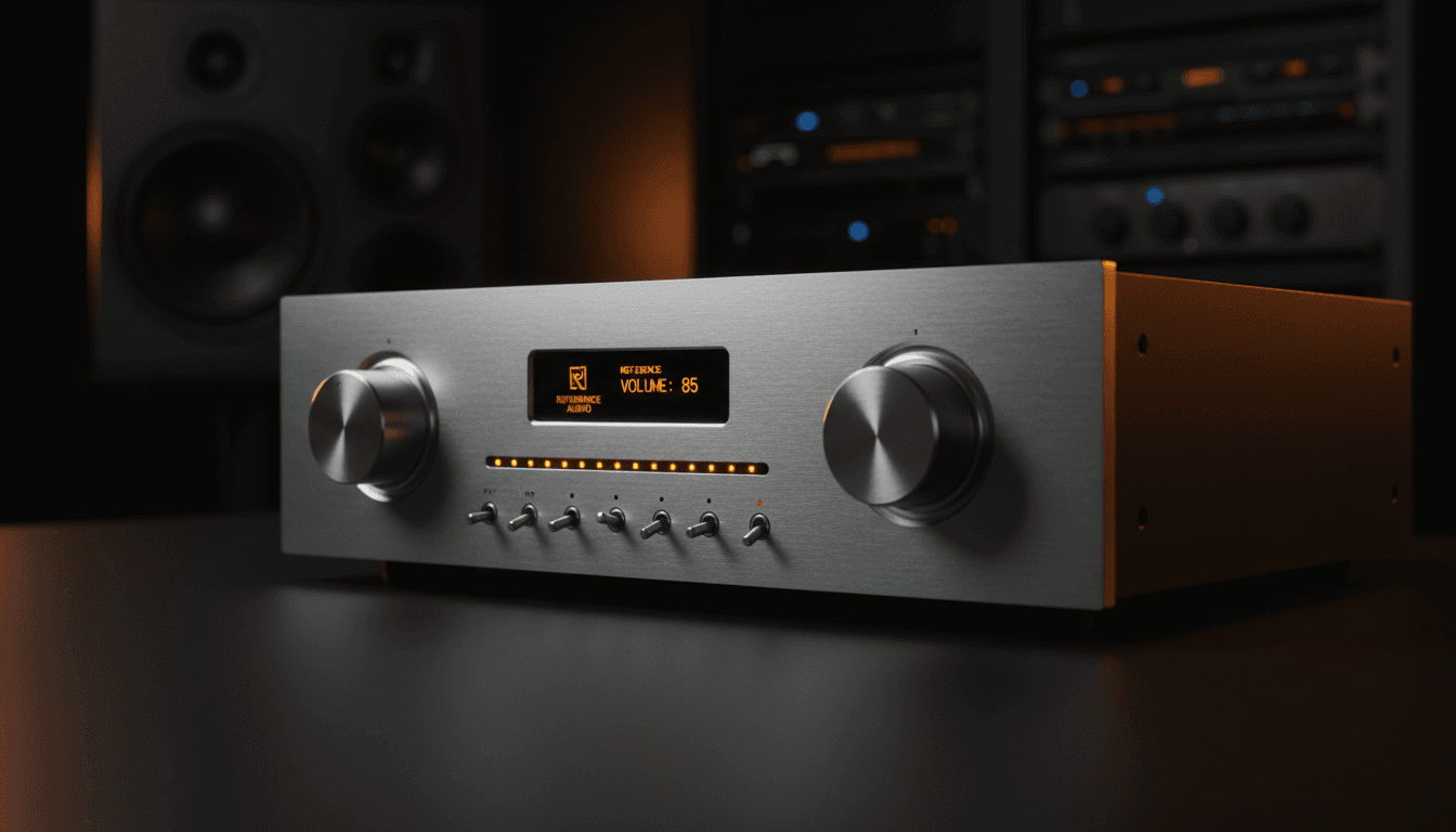 High-end audio amplifier with precision controls and LED indicators