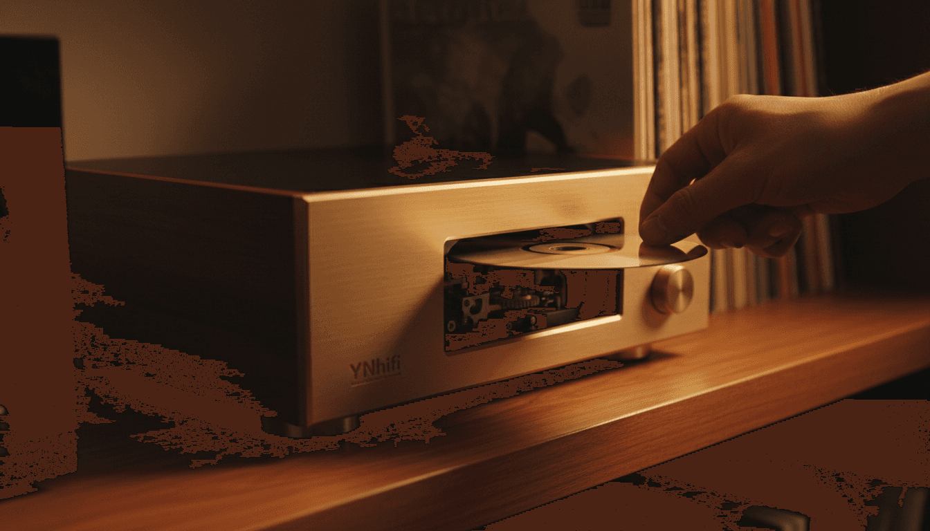 Hands inserting a CD into a premium YNhifi CD player with warm lighting