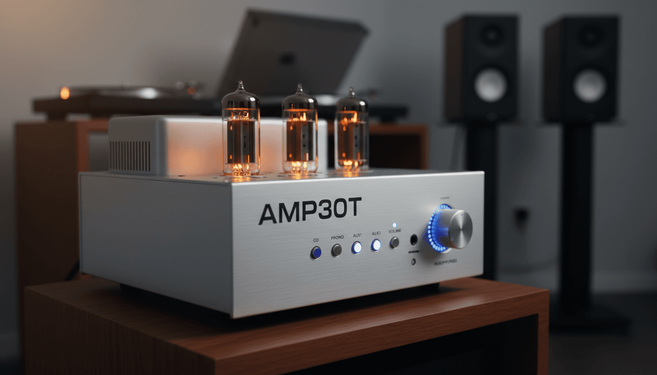 Close-up of AMP30T amplifier with glowing tubes and premium metal finish in professional studio lighting