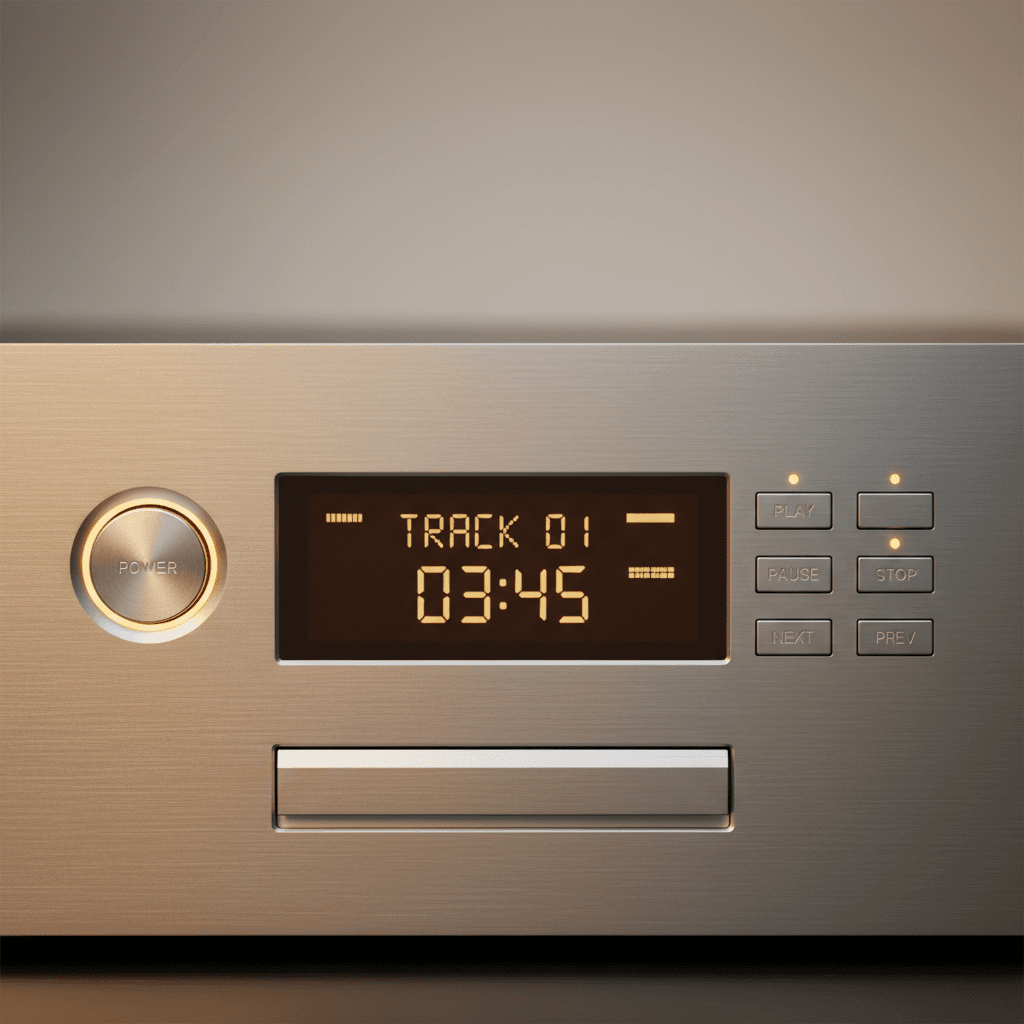 CD player front panel with illuminated display and brushed metal finish