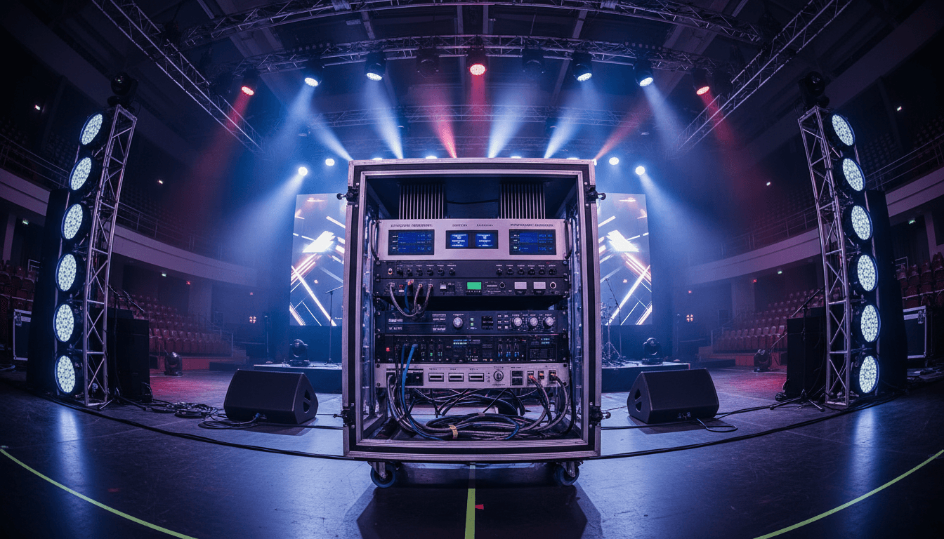 Professional HA600 amplifier installed in a large venue with concert lighting and stage equipment