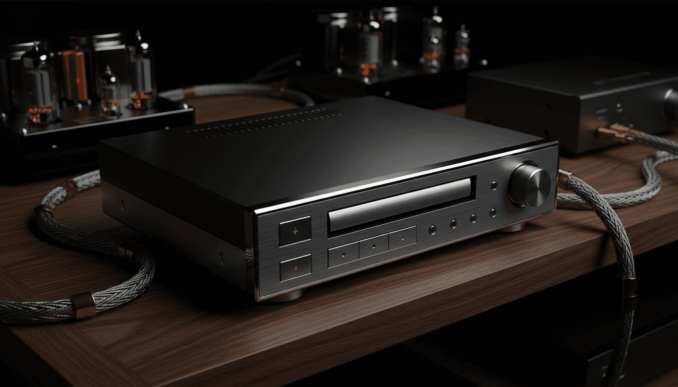 CD player positioned with professional audio equipment and quality shelving