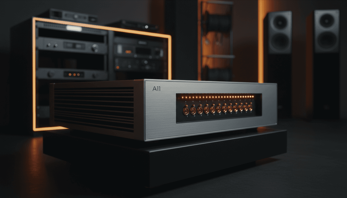 A11 power amplifier front panel with XLR inputs and illuminated indicators
