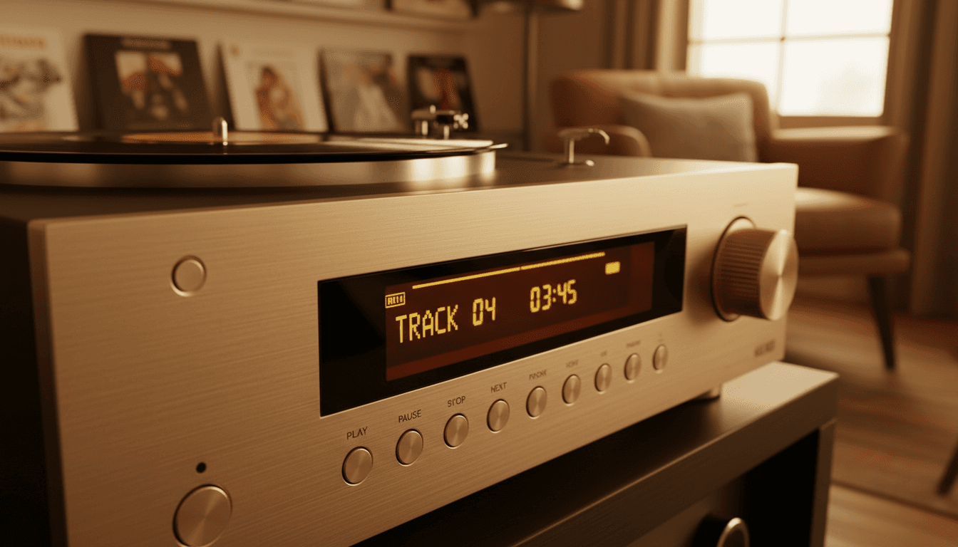 Premium CD player with brushed metal finish and illuminated display