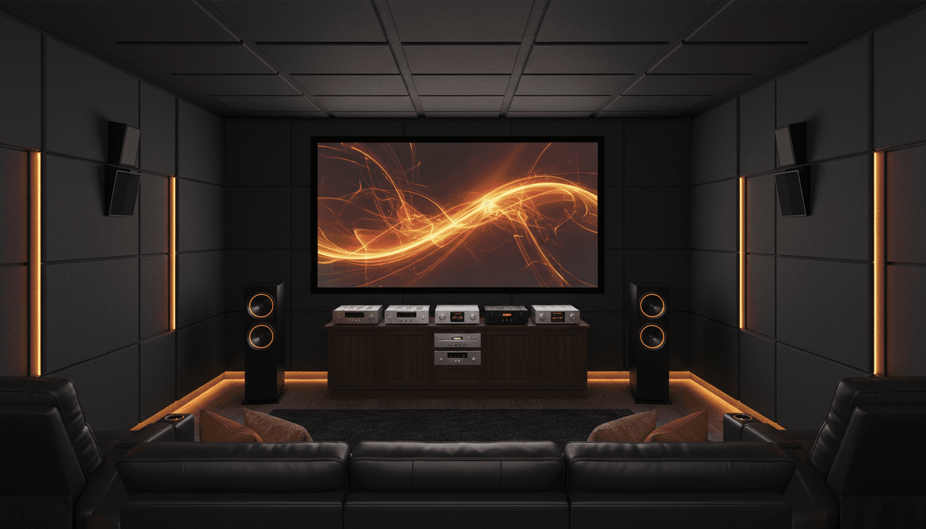 Premium home theater room with professional audio amplifier and speakers in elegant setting