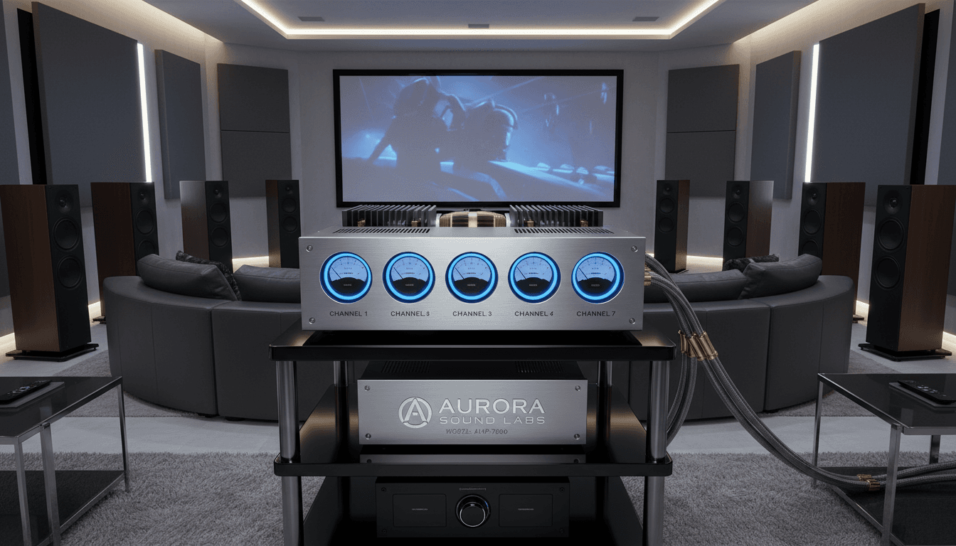 A7 7-channel power amplifier displayed in a professional home theater environment