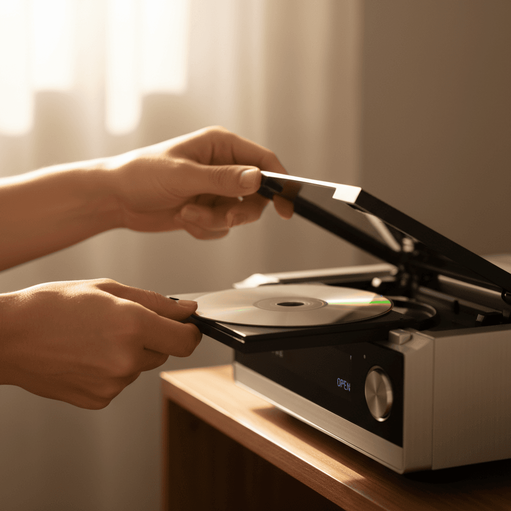 Hands inserting a CD into the player's tray demonstrating smooth operation