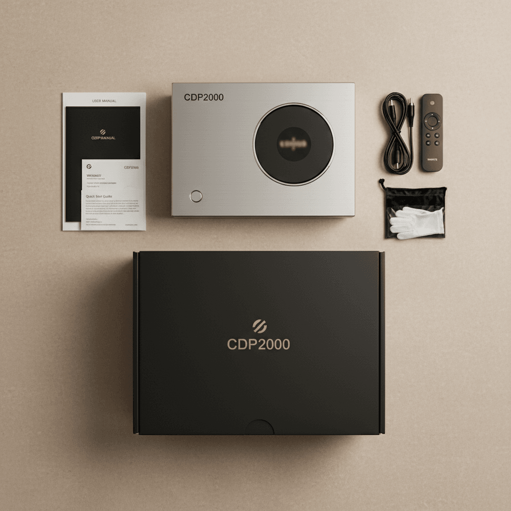 CDP2000 with packaging and included accessories overhead view