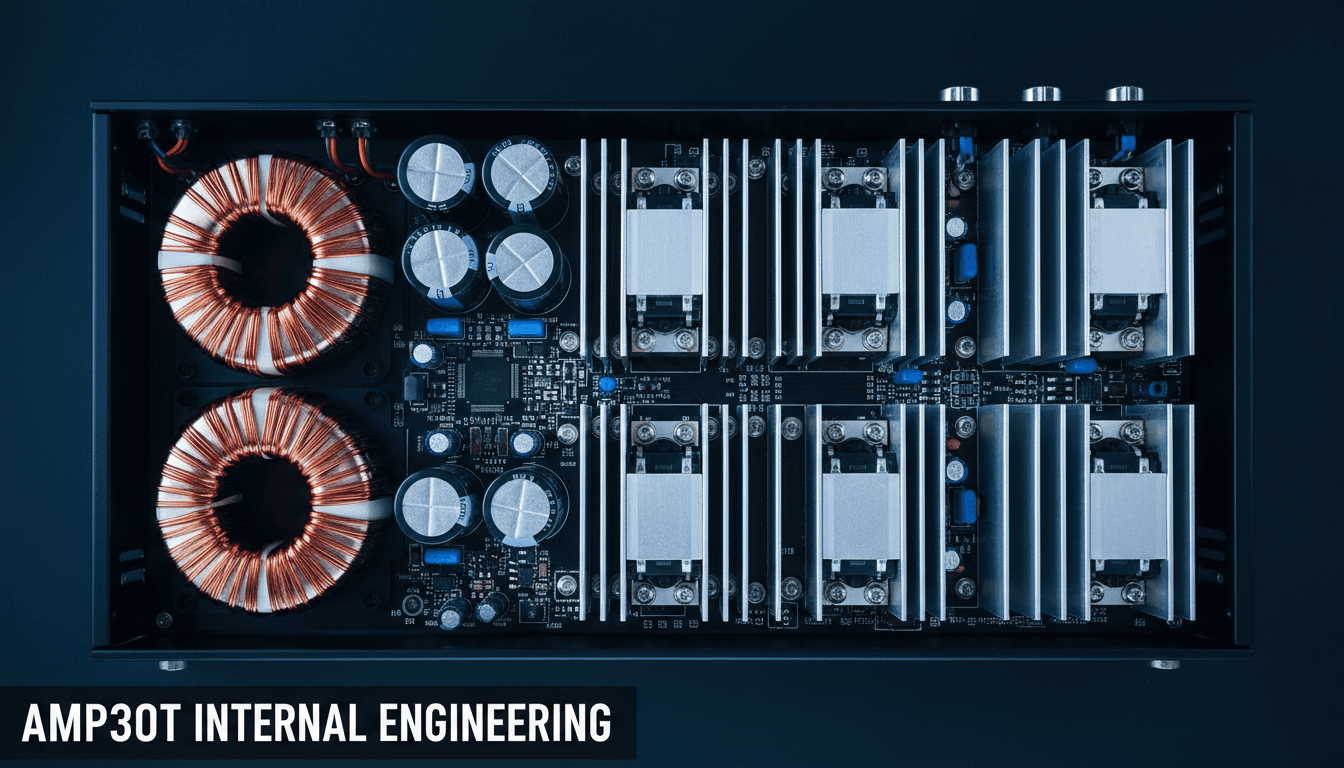 A wide shot of the AMP30T's internal power supply and amplifier section.