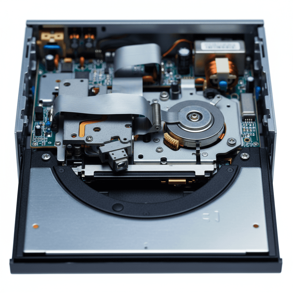 Internal CD mechanism and laser assembly showing engineering precision