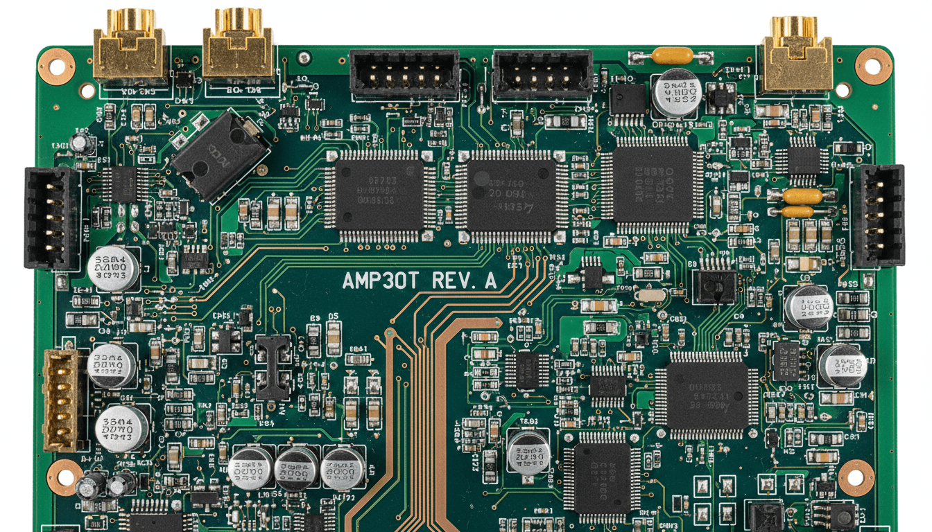 A detailed overhead view of the AMP30T's circuit board revealing component placement.