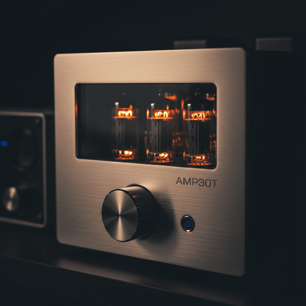 AMP30T brushed aluminum front panel with illuminated tubes