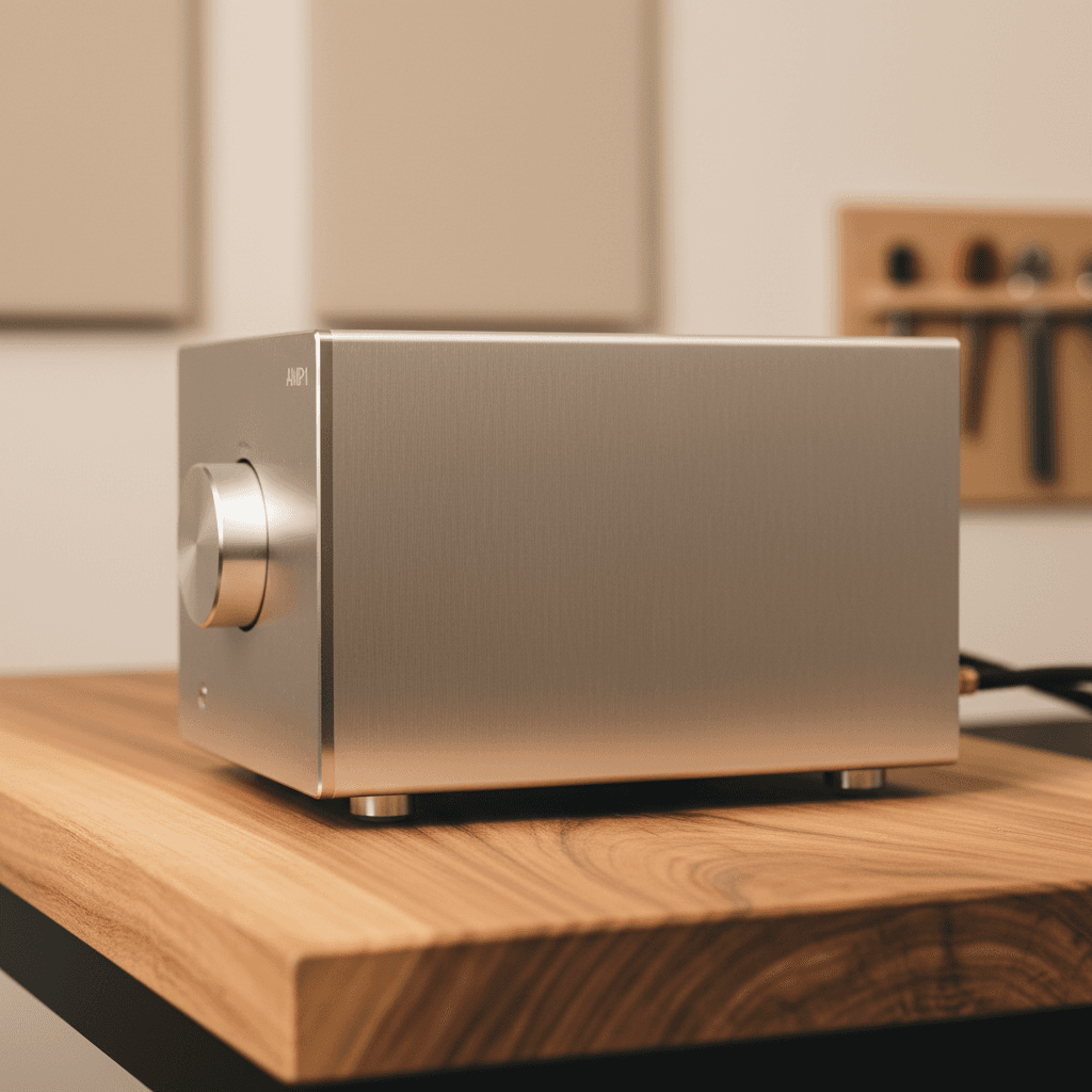 Side profile view of AMP1 showing aluminum chassis construction and build quality