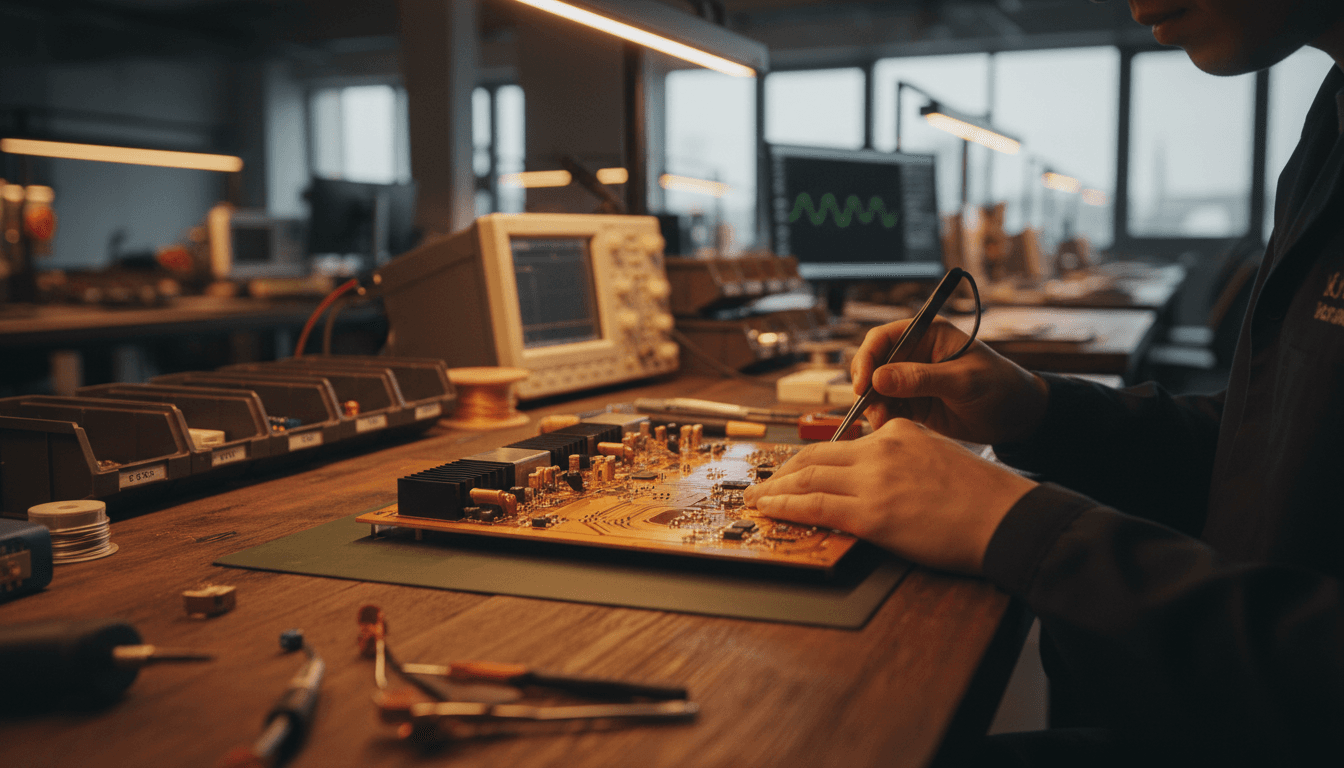 Technician assembling premium audio amplifier circuit board at workbench