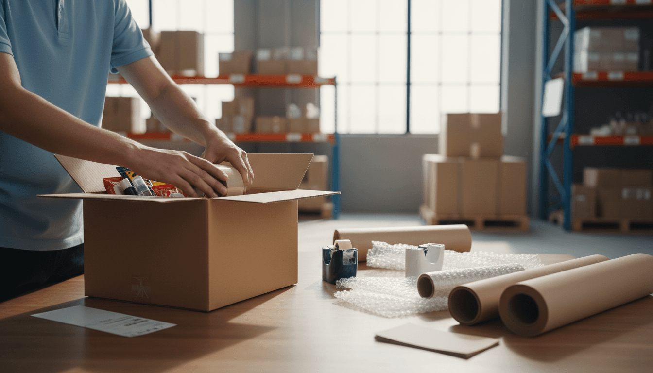 Product shipping area showing quality control certifications and international preparation