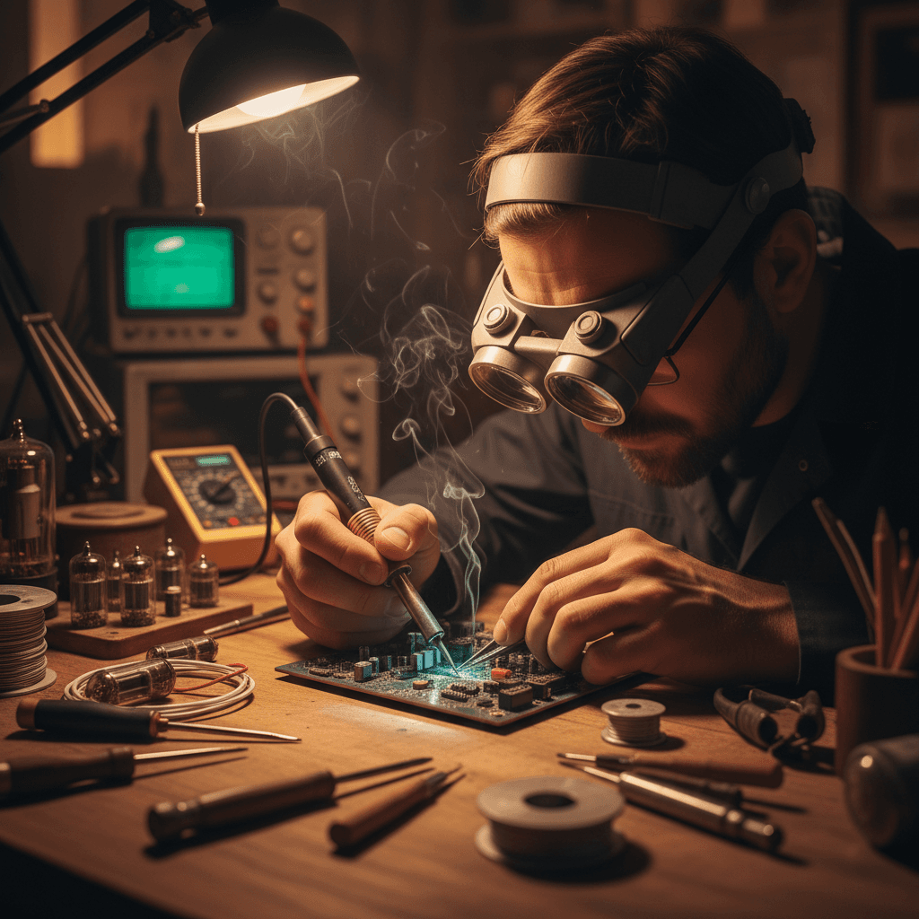 Engineer inspecting amplifier circuit board during quality control