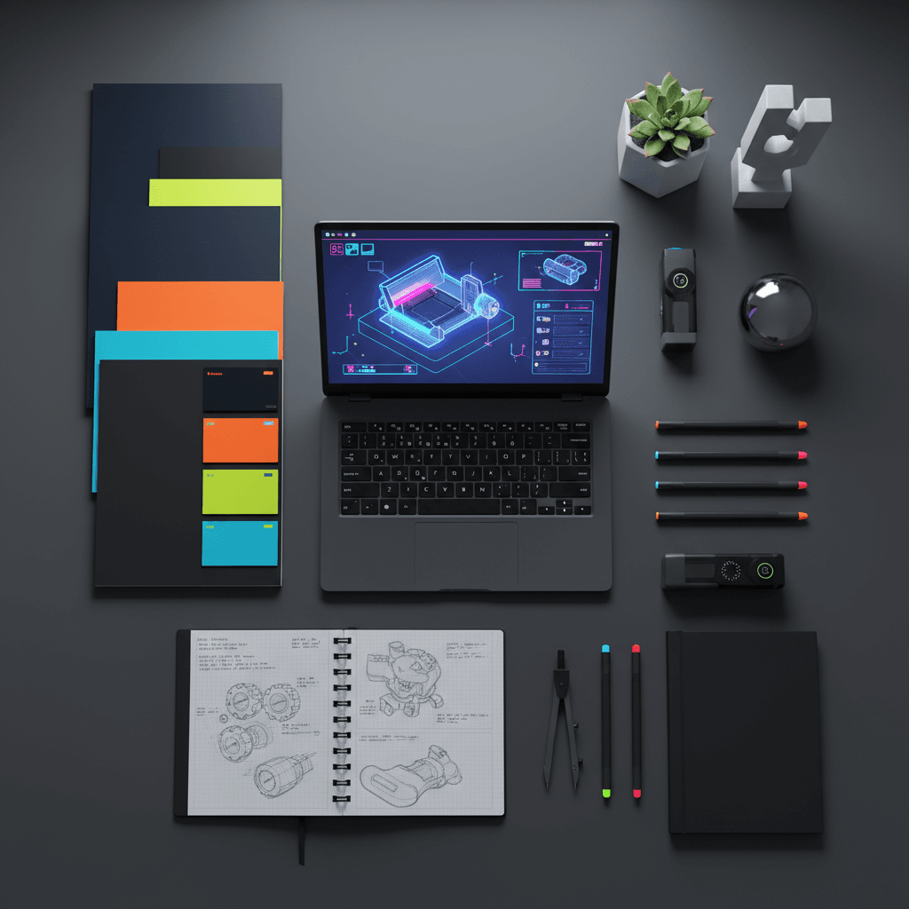 Design workstation with CAD drawings and prototype components