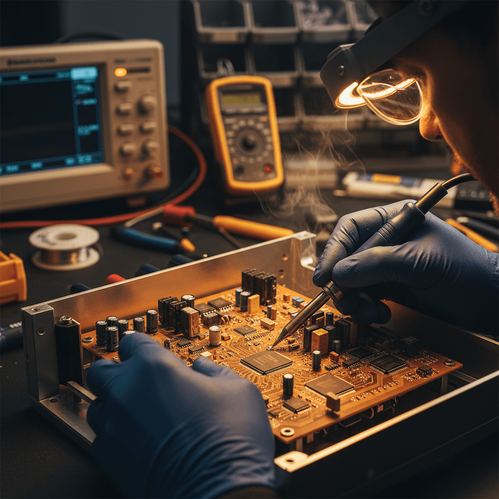 Technician carefully soldering audio amplifier circuitry