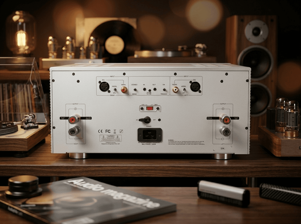 Rear view of a silver high-end amplifier surrounded by vintage speakers and vacuum tubes.