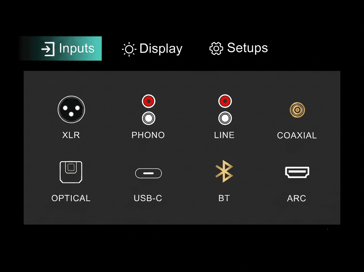 Digital menu screen showing audio input options like XLR, Phono, Bluetooth, USB-C, and ARC.