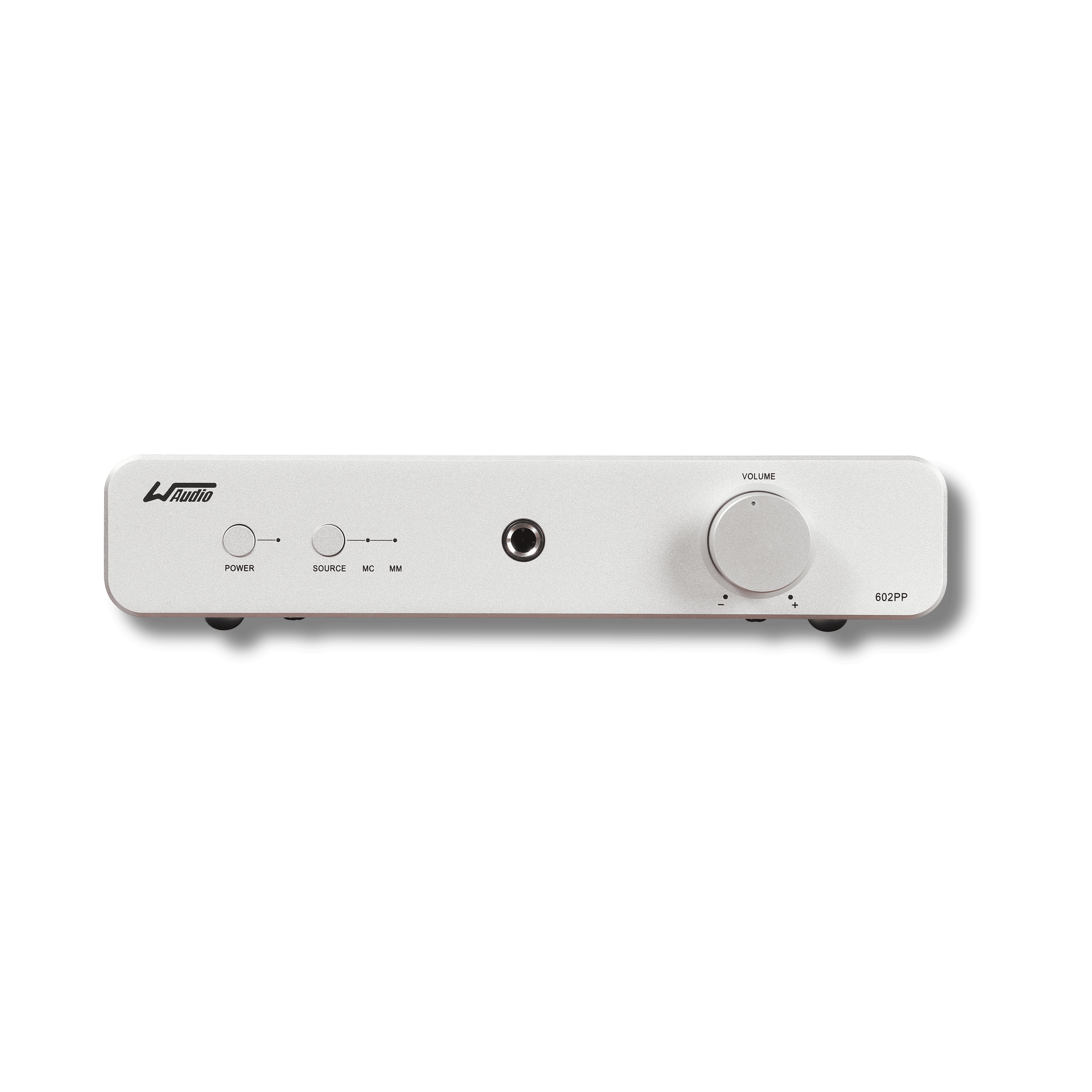 Silver W Audio 602PP phono preamp featuring a volume knob, headphone jack, and control buttons.