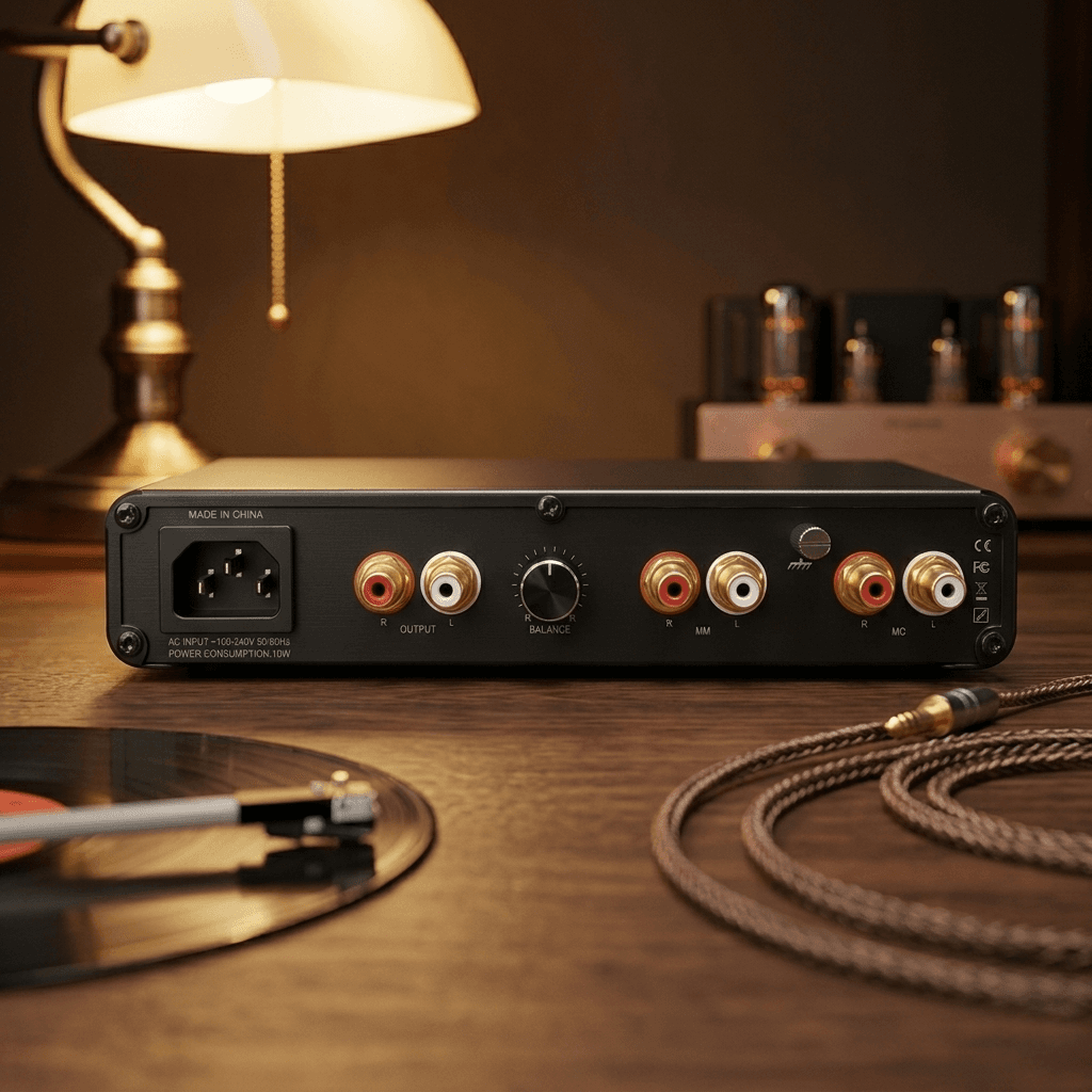 Rear panel of a black phono preamplifier with RCA connectors on a warm wooden desk.
