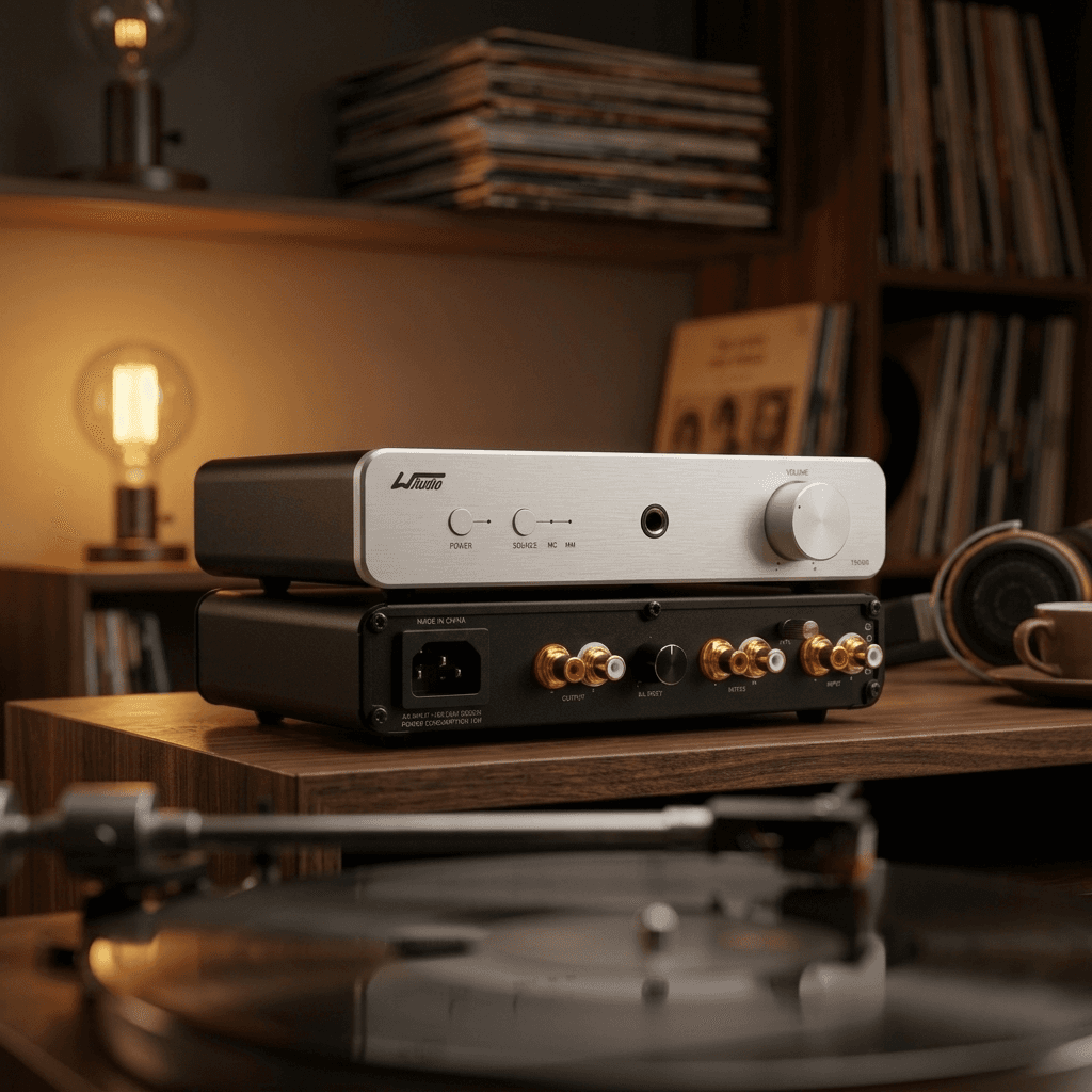 Silver audio amplifier stacked on a black unit on a wooden desk with a turntable.