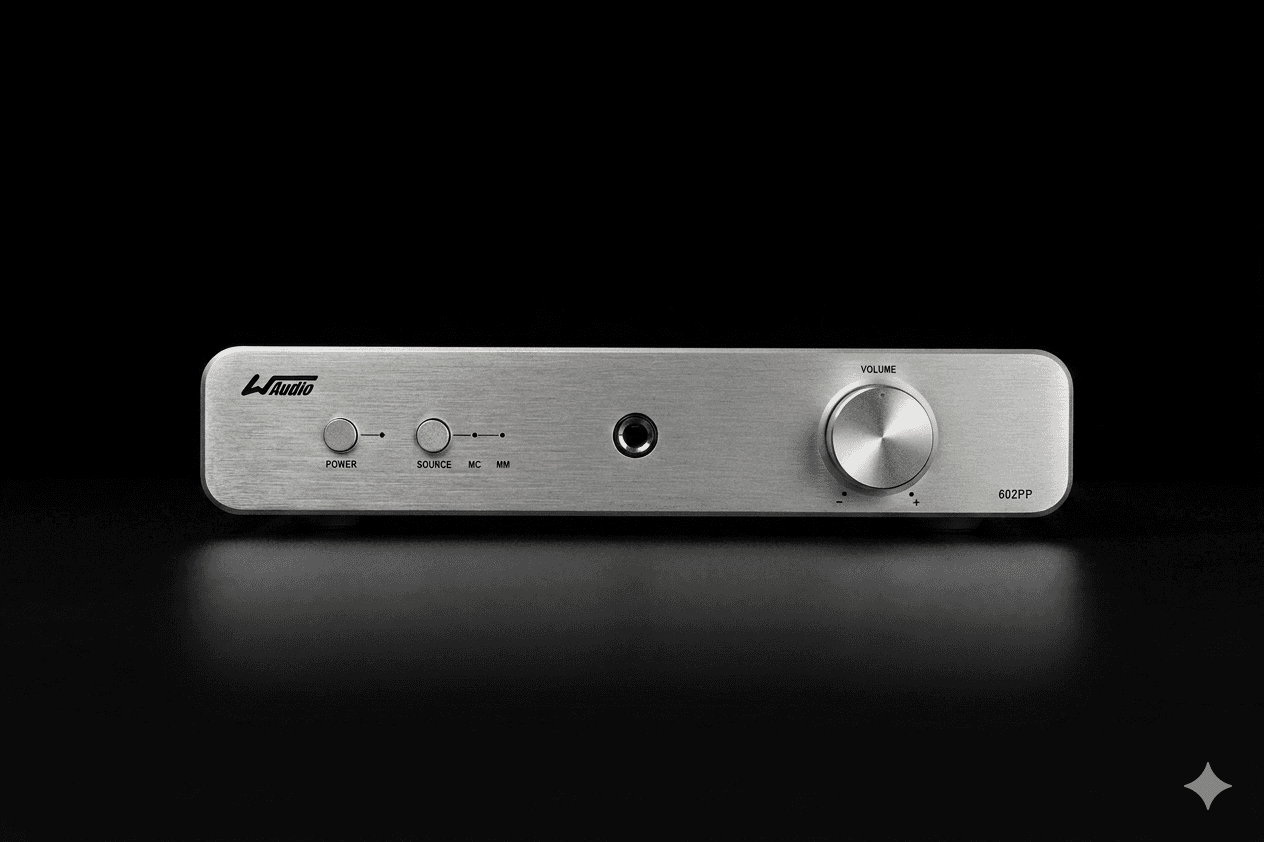 Brushed silver W Audio 602PP phono preamplifier with volume knob and controls on black background.