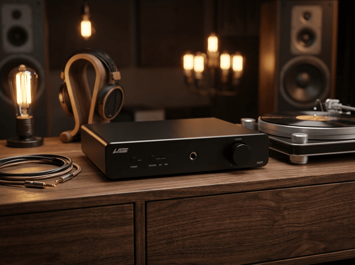 Sleek black audio amplifier on a wooden desk with headphones, turntable, and warm ambient lighting.