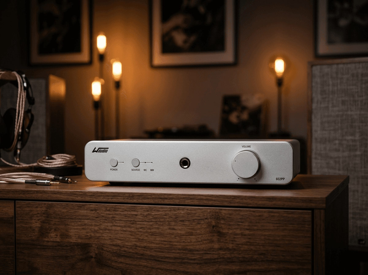 Silver L-Audio 602PP desktop amplifier on a wooden desk under warm, ambient room lighting.