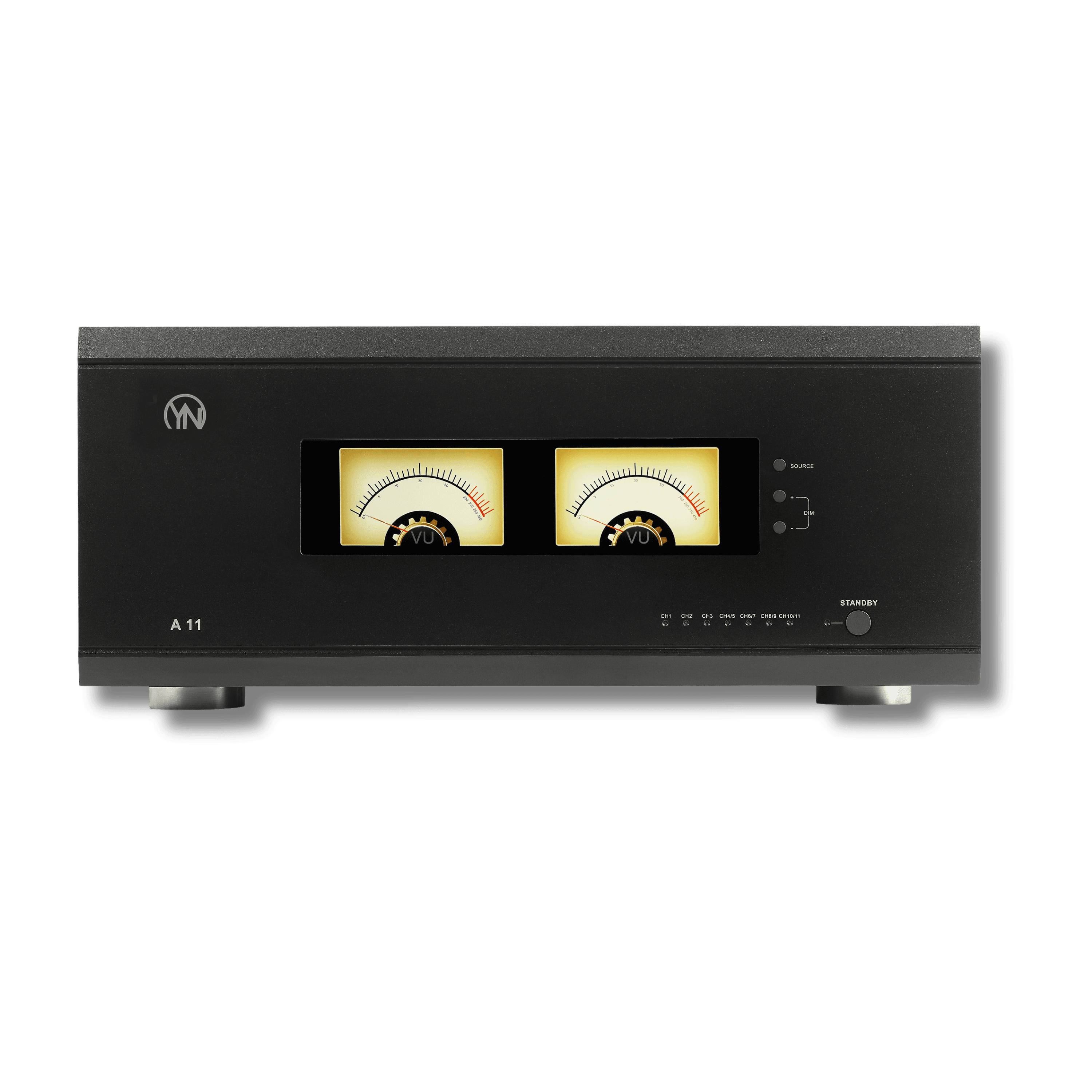 Black YN audio amplifier with two illuminated analog VU meters and front panel controls.