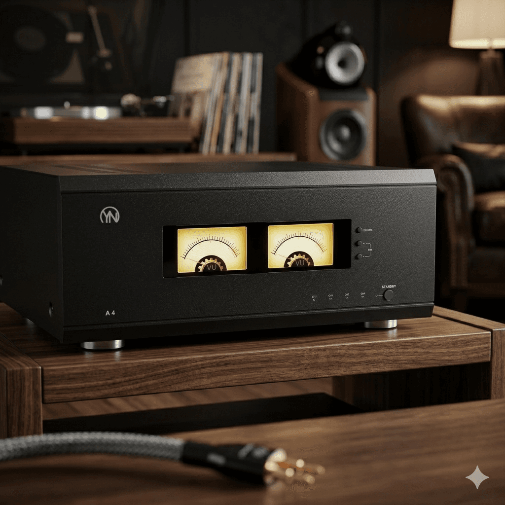 Black high-fidelity amplifier with two glowing yellow VU meters on a wooden shelf.