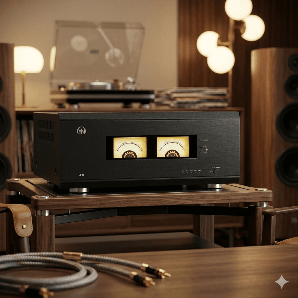 Black high-end audio amplifier with two glowing yellow VU meters on a wooden stand.
