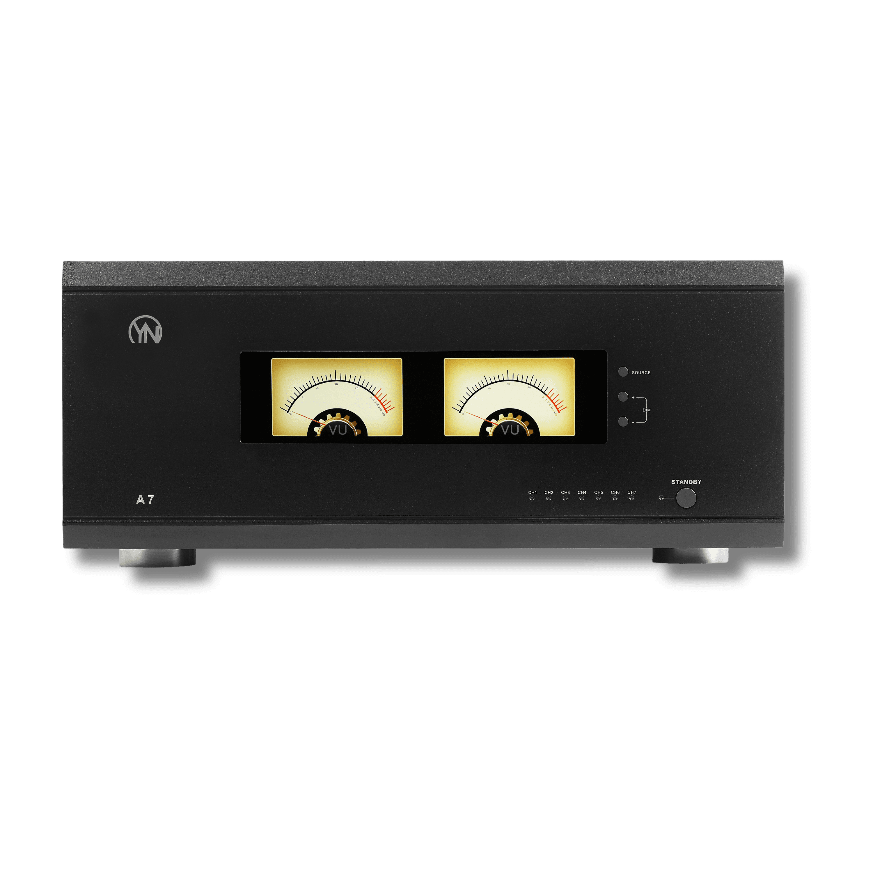 Black audio amplifier featuring two glowing yellow analog VU meters and various control buttons.