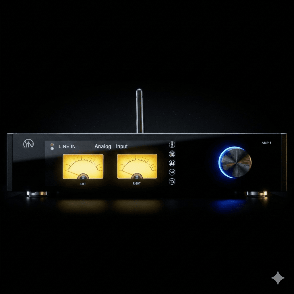 Black audio amplifier featuring dual glowing yellow VU meters and a blue-lit volume knob.