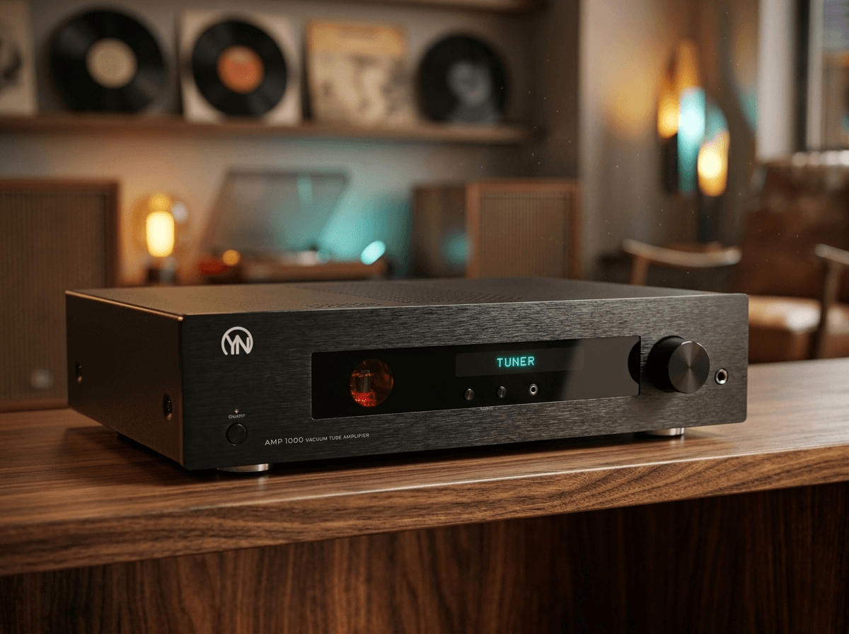 Sleek black vacuum tube amplifier with a glowing red tube on a wooden surface.