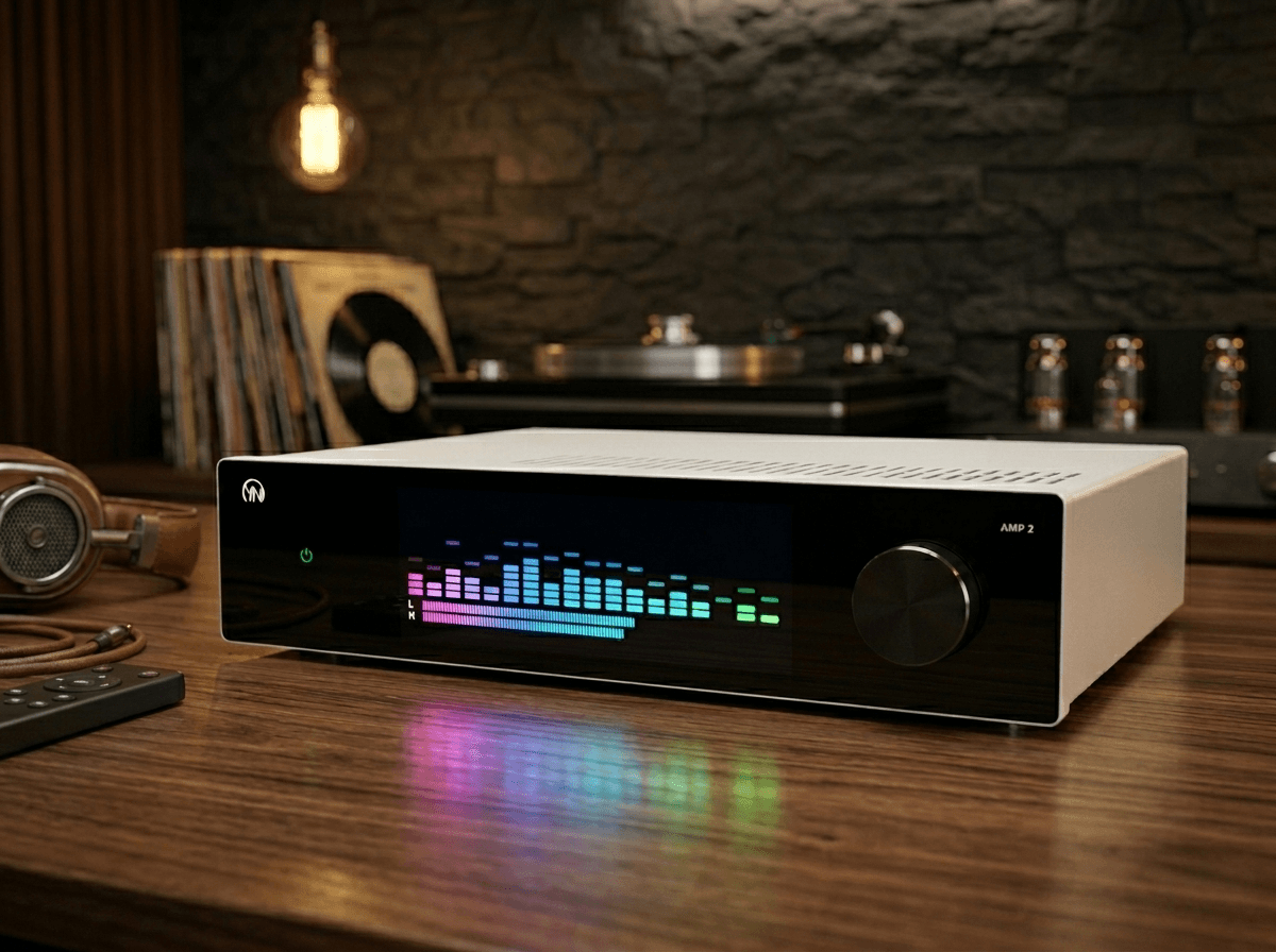 Sleek white audio amplifier with a vibrant digital equalizer display on a wooden tabletop.