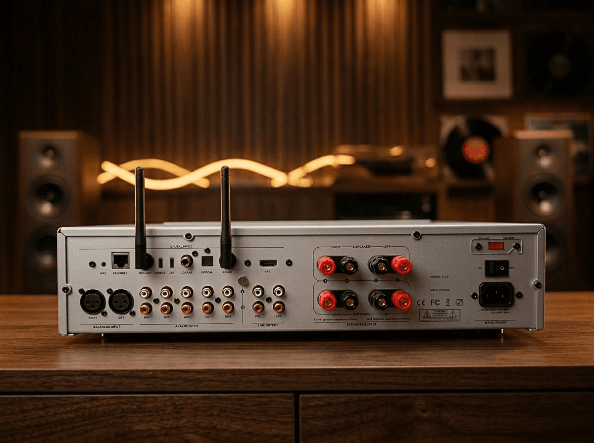 Silver audio amplifier rear panel with antennas and various connection ports on a wooden table.