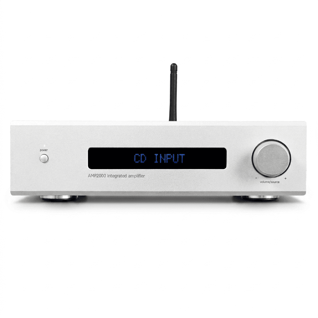 Silver AMP2000 integrated amplifier with a digital display reading CD INPUT and a control knob.